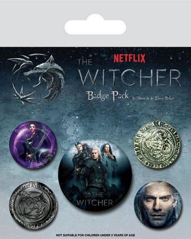 Placky Netflix The Witcher Zaklínač: Design set 5 kusů (průměr 2,5 cm 3,8 cm)