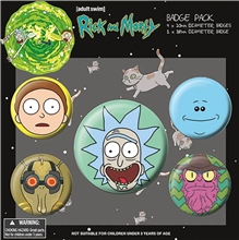 Set 5 placek - odznaků Rick and Morty: Heads (průměr 2,5 cm 3,8 cm)