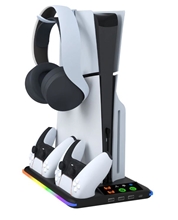 Univerzální základna chladicího ventilátoru s RGB světly, nabíječkou ovladače a držákem na náhlavní soupravu pro PS5 Slim (PS5)	